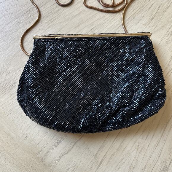 VTG BLACK Heavily BEADED EVENING purse gold trim clutch Bechamel CROSSBODY prom - Picture 10 of 15
